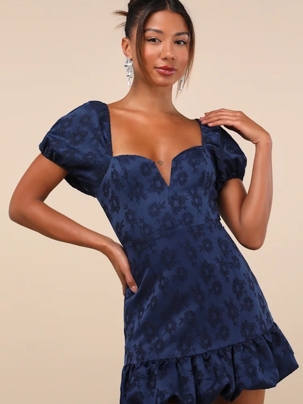 Lulu's Navy Floral Jacquard Puff Sleeve Mini Dress